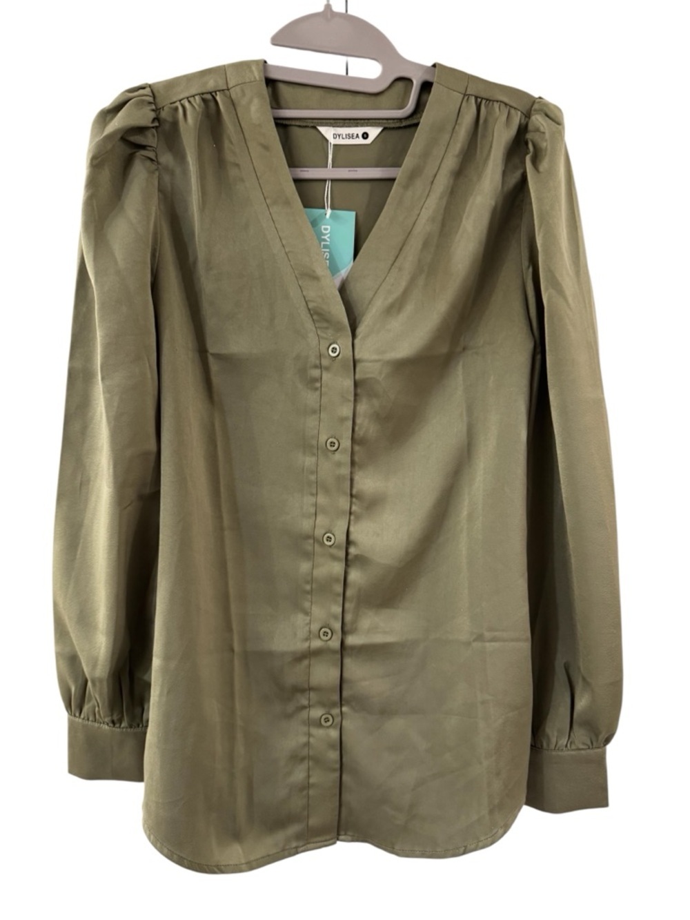 Dylisea Women Olive Green Satin Button Down Blouse Puff Sleeve V-Neck Top Small
